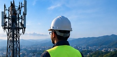 A telecom engineer in a safety helmet beside a network tower